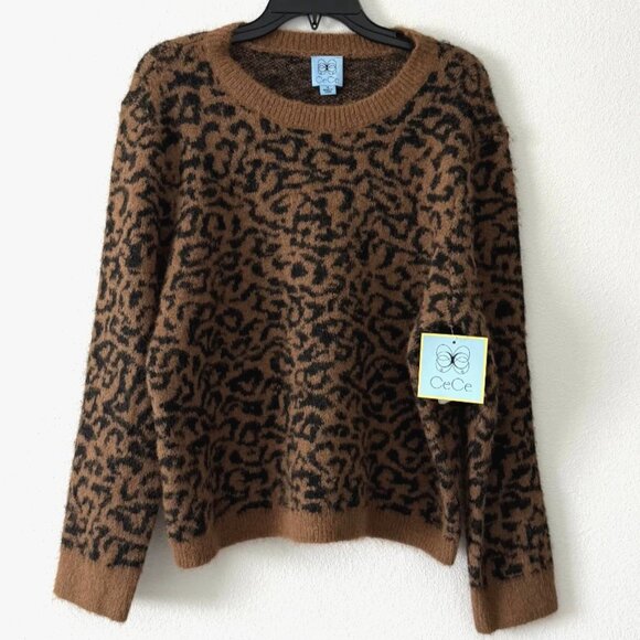 CeCe Sweaters - CeCe Abstract Animal Print Knit Sweater Brown Black M NWT
